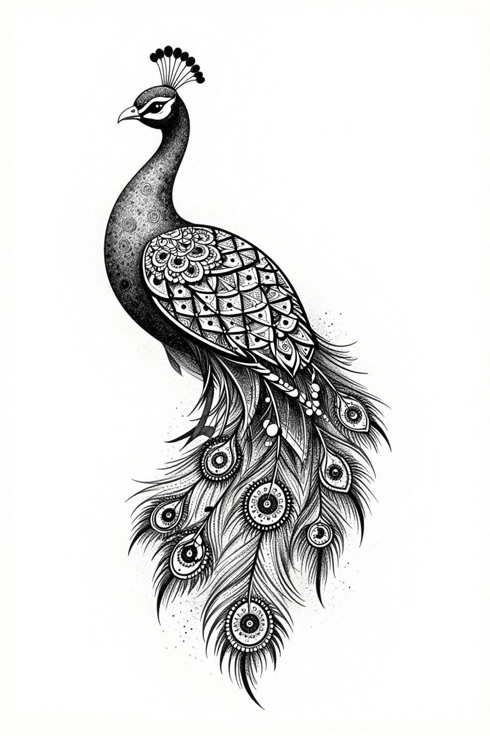 easy mehandi designs front hand, blackwork dotwork flash, ornamental peacock cascading tail feathers stipple dot clusters density gradient geometric lattice no continuous outlines