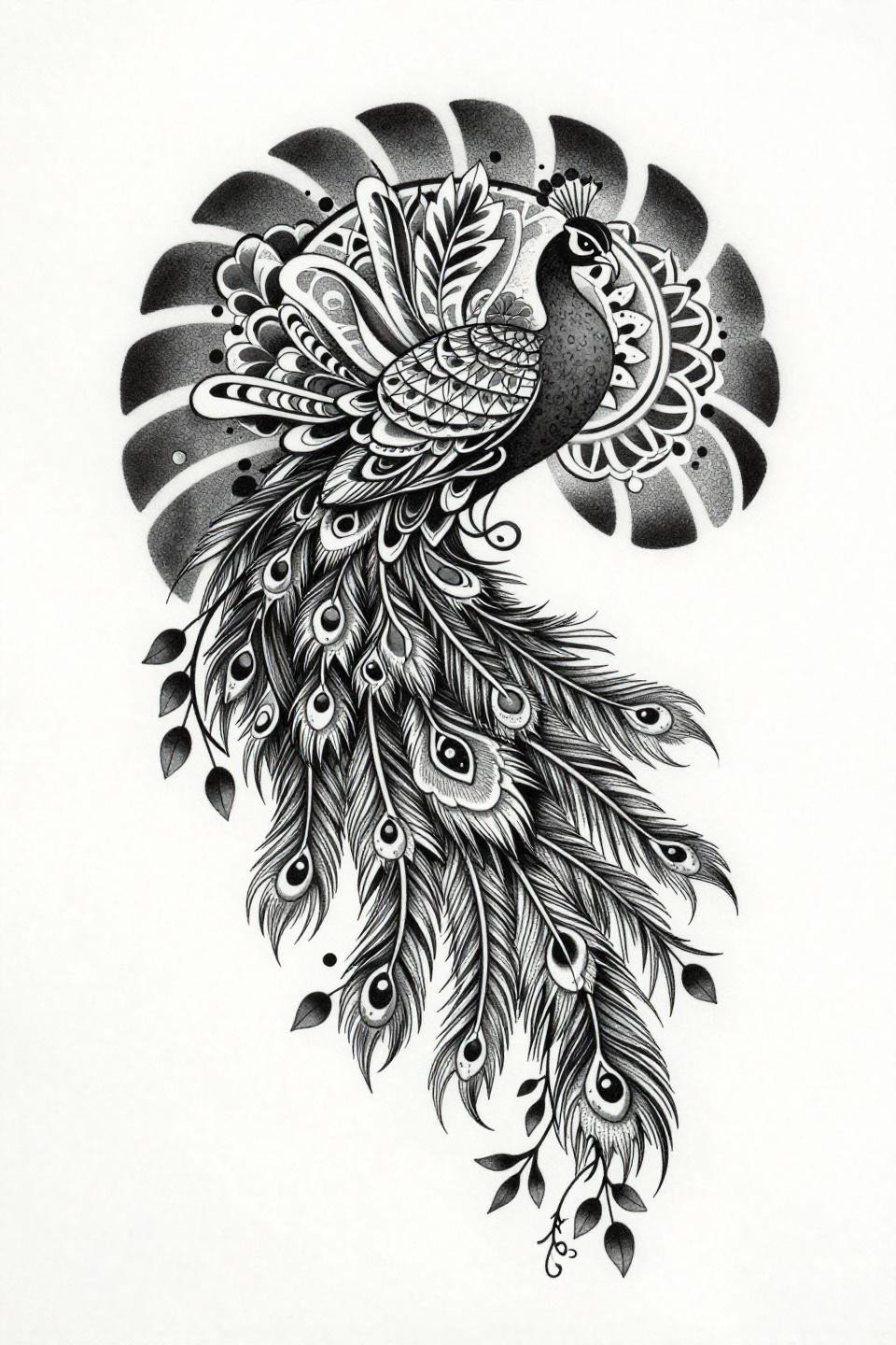 simple and easy mehndi designs for front hand, sak yant style flash, interlocking peacock cascading tail feathers dense dot cluster stipple shading crosshatch fills no continuous outlines