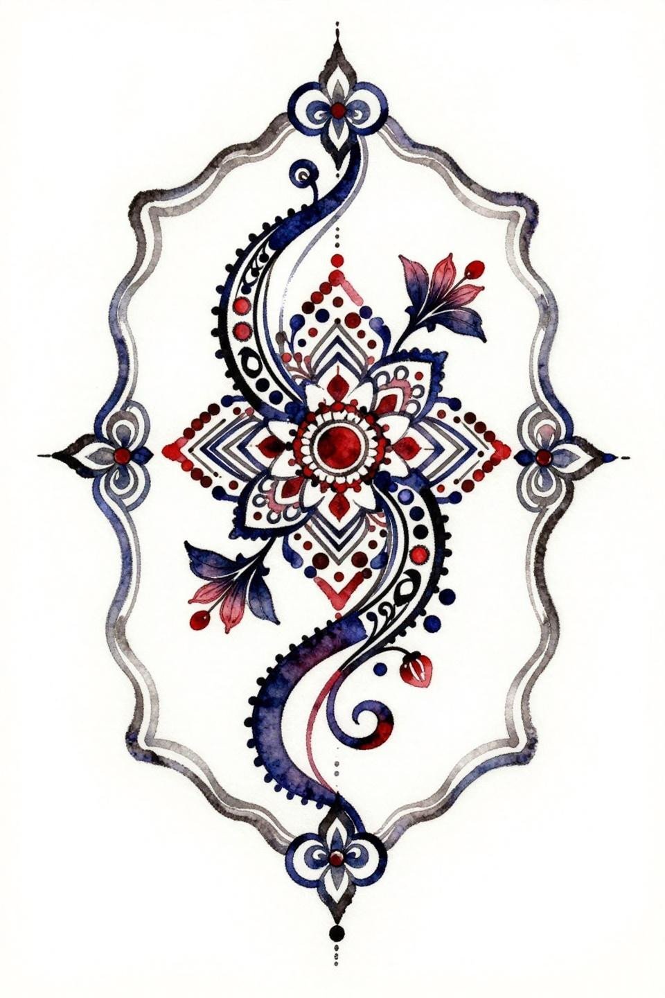 front hand mehndi designs simple arabic, watercolor splash style flash, asymmetric five-vine cascade central mandala indigo crimson calligraphic brush marks wet ink quality