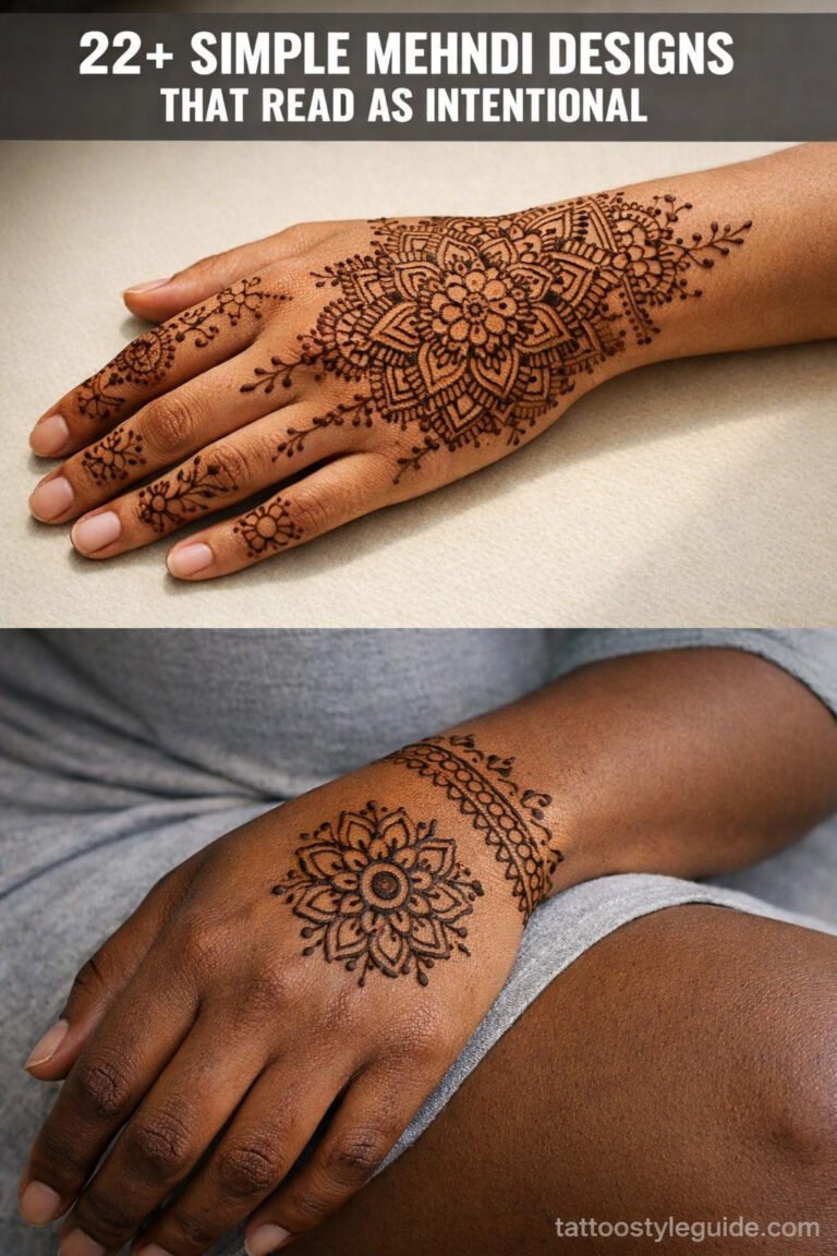 Simple mehndi designs on hand and forearm, fine geometric florals with negative space, dried henna on olive and deep brown skin, natural daylight