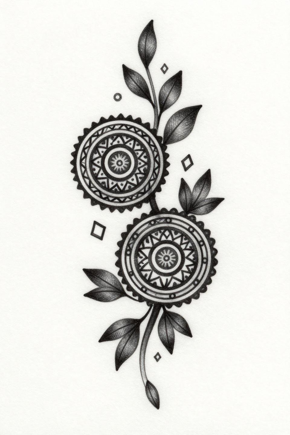 simple beautiful mehndi henna vine flash, chicano grey wash style, interlocking circular medallions crosshatch fill, whip shading curved marks grey wash dilution dense to open