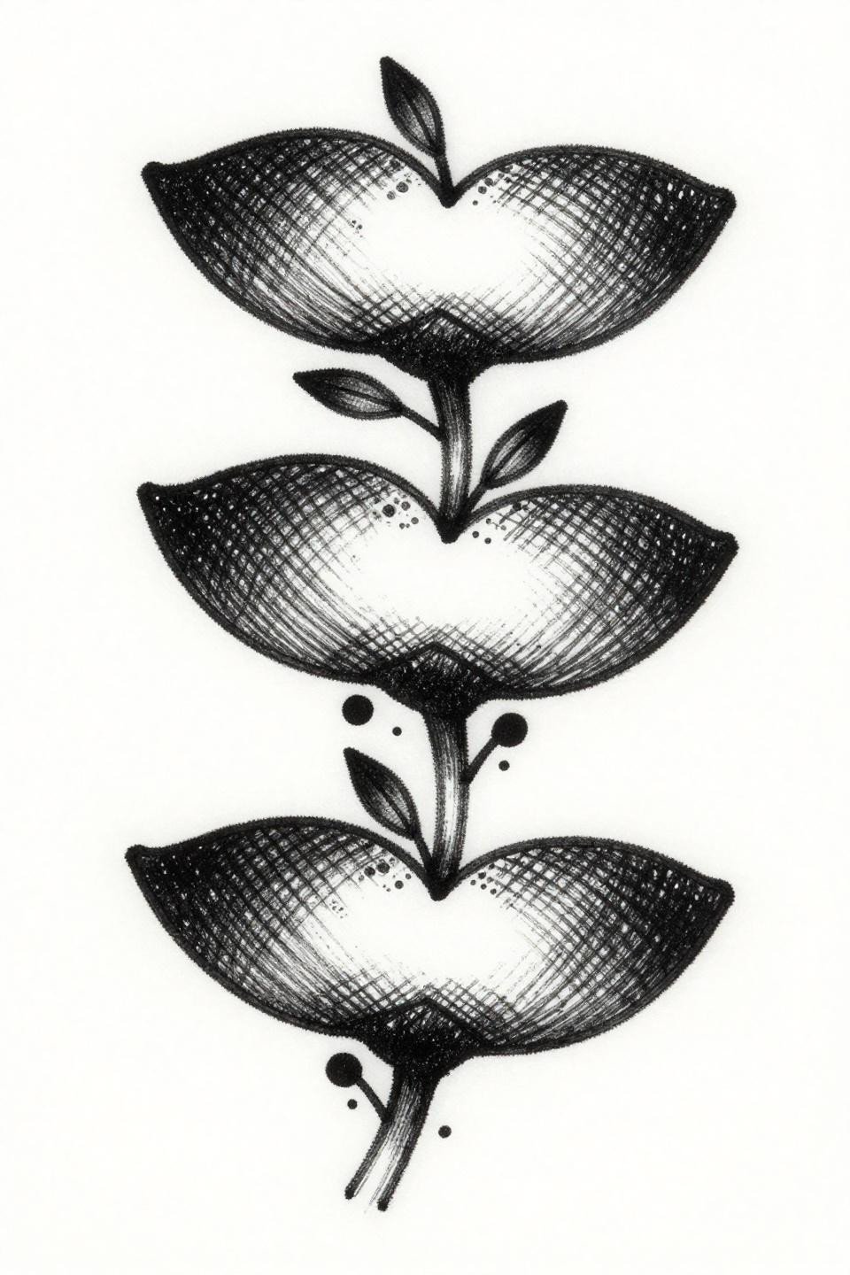 very simple mehendi designs ignorant style flash, three stacked petal cells crosshatch fill, bold raw black strokes thick whip shading crude imperfect outlines