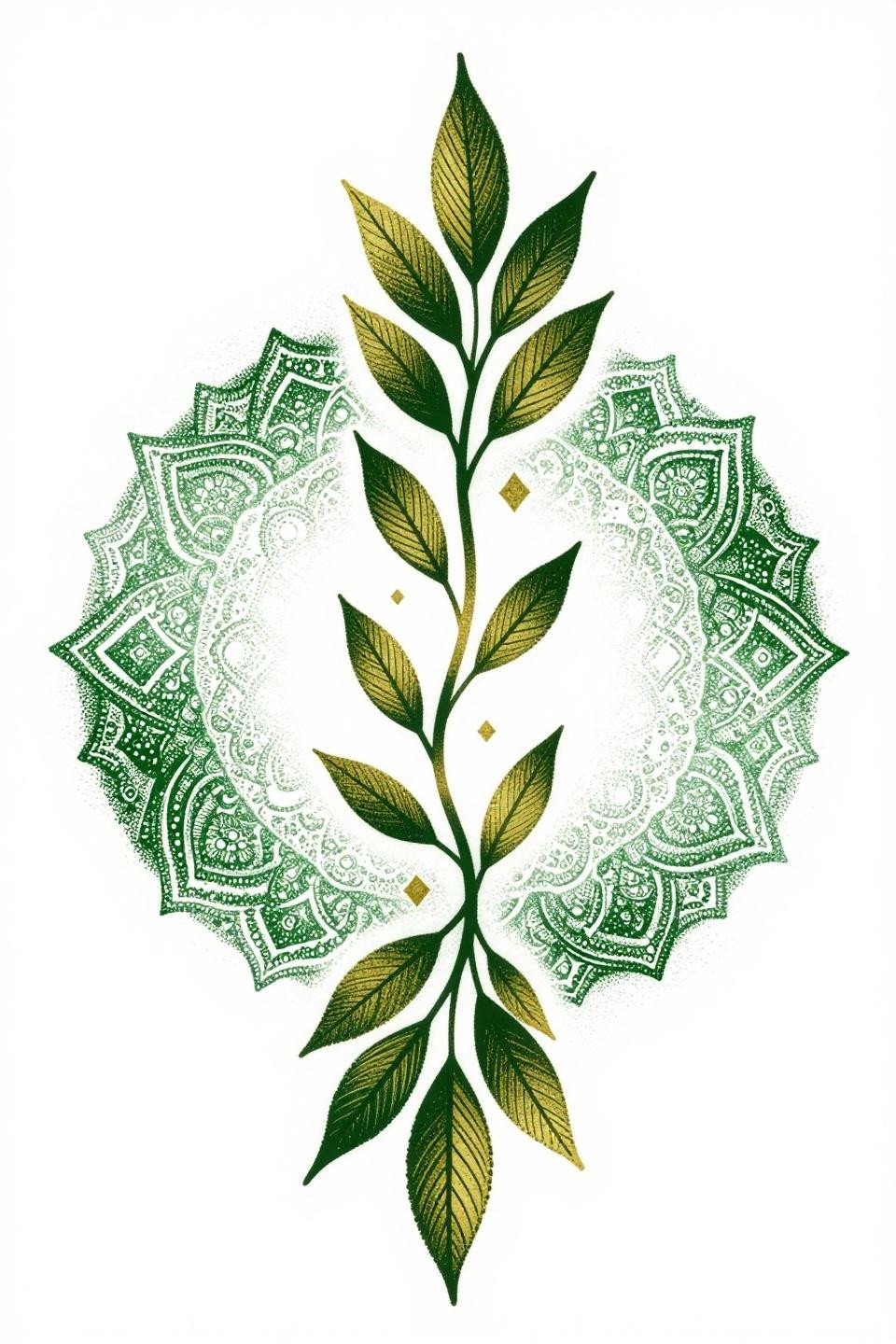 new simple mehndi mandala dotwork flash, surrealist stipple style, bilateral symmetry vertical axis, forest green flat gold ink stipple gradient dense to open