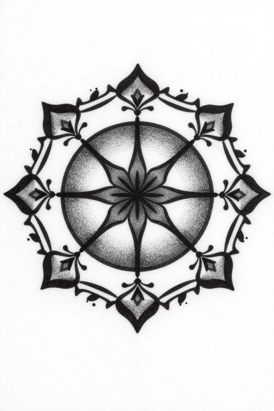 simple beautiful mehndi blackwork dotwork flash, eight-pointed star center four nested rings alternating stipple density, vine tendrils cardinal points geometric diamond accents