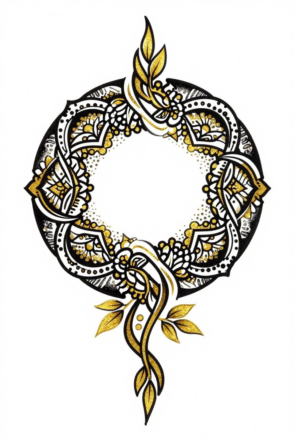 simple mehndi designs easy sak yant style flash, interlocking circular loops dense dot fill, bold 2-3pt black outlines flat gold metallic fills bilateral symmetry