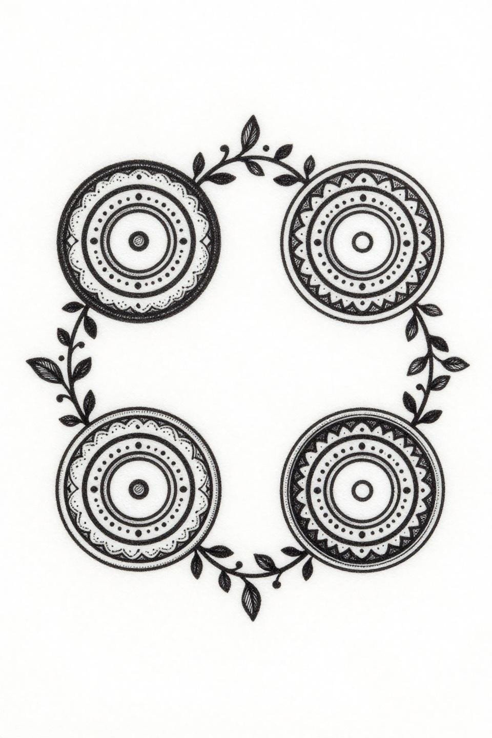 simple mehndi designs easy etching woodcut flash, four small circular mandalas loose diamond pattern three concentric rings, parallel line engraving dense hatching extreme negative space