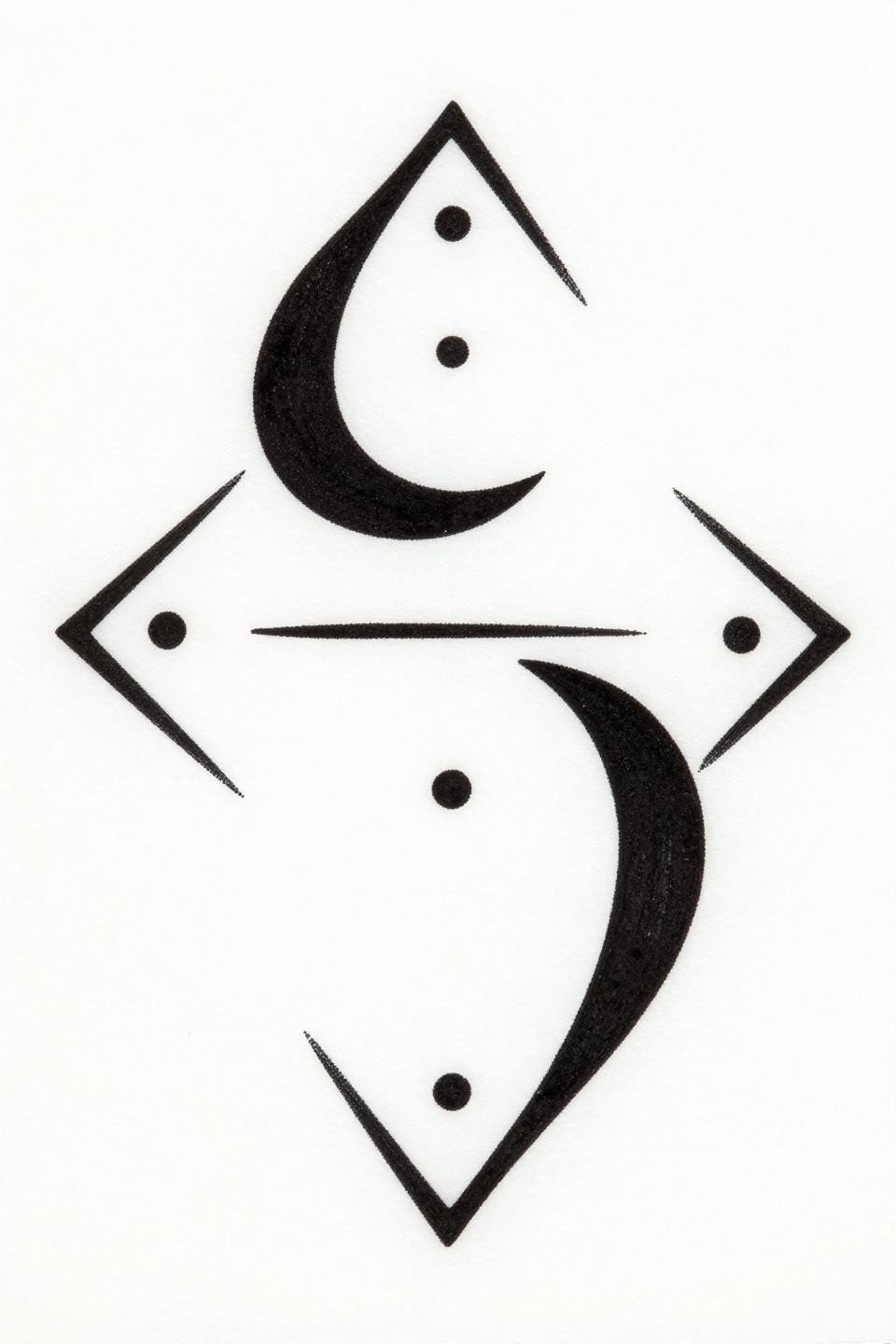 minimal mehndi vine flash, linocut block print style, mirrored crescent diamond composition, bold carved linework solid black fills high-contrast negative space