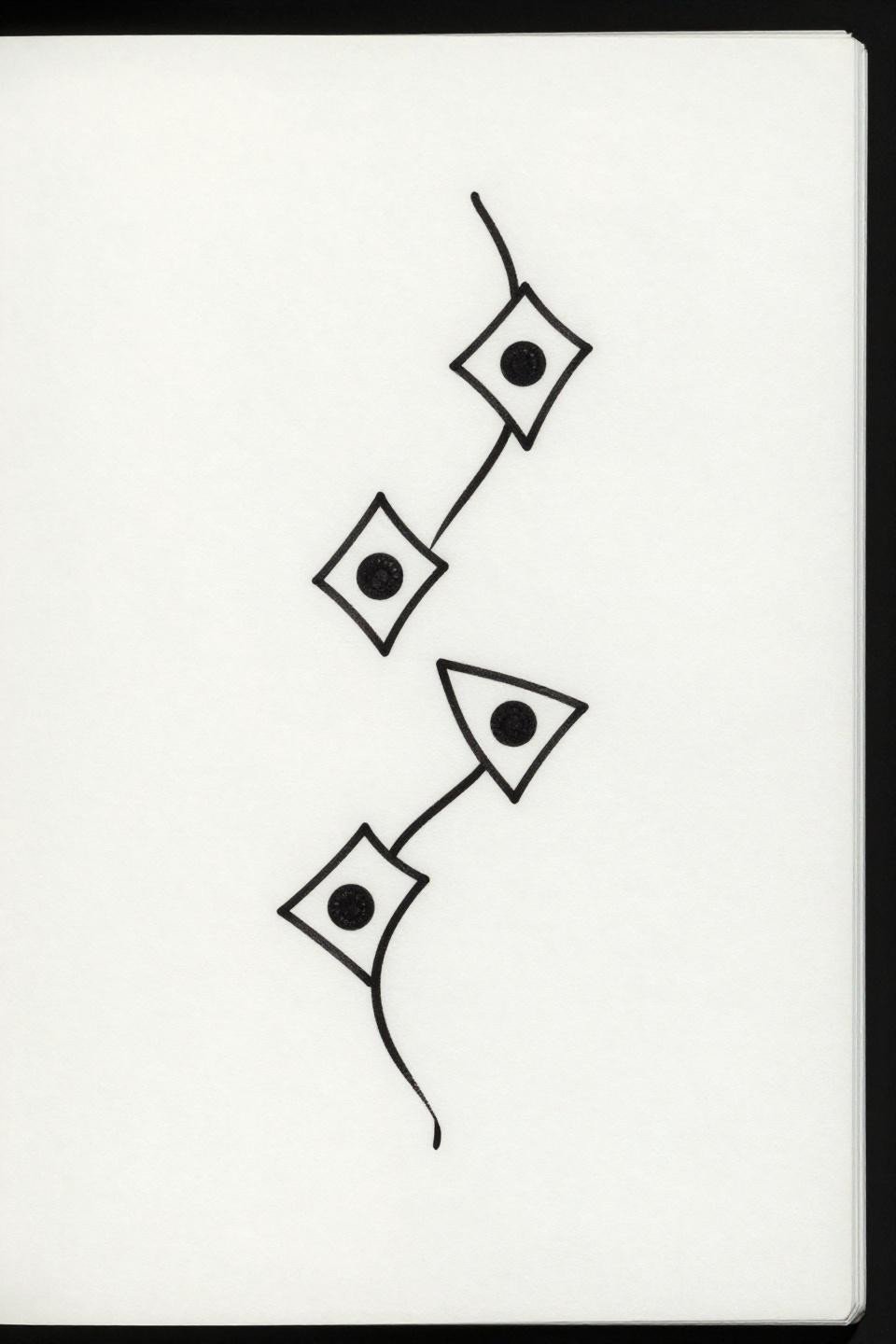 minimal mehendi designs single continuous line flash, three isolated diamond geometric cells single centered dot, flowing diagonal asymmetric layout bold 2pt black outlines flat black fills