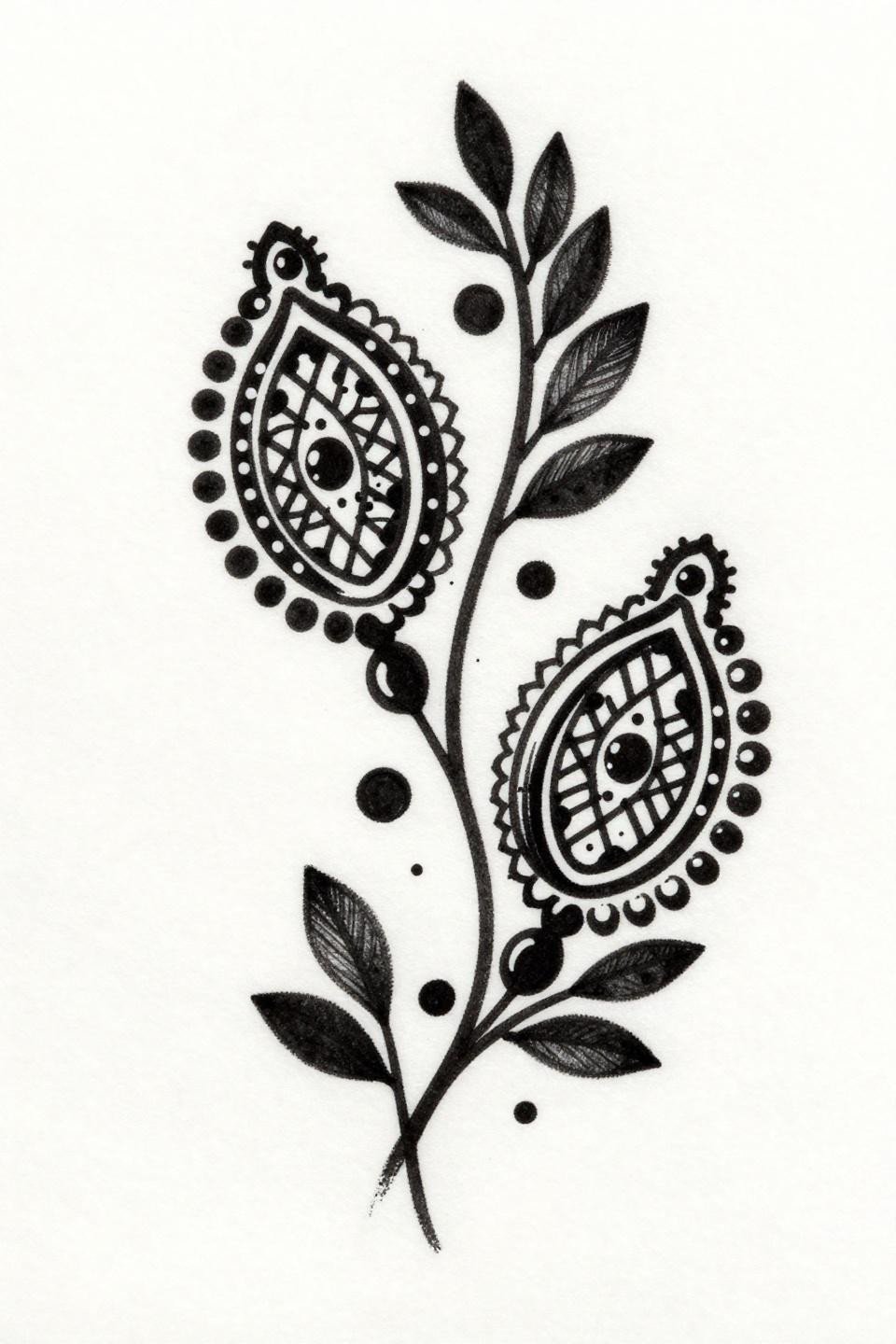 simple unique mehndi paisley flash, trash polka style, interlocking teardrop crosshatch geometric fill, bold 2-3pt outlines ink splatter fragments