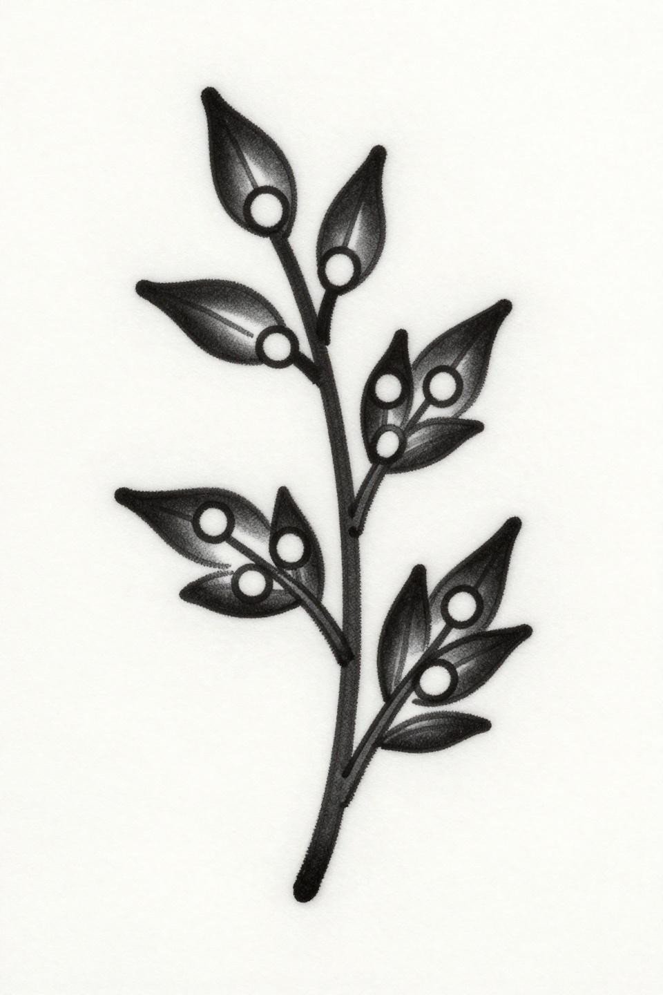 simple unique mehndi vine flash, traditional American style, four circular nodes along central stem 45-degree leaf branches, bold 2-3pt black outlines flat black fills dense ink