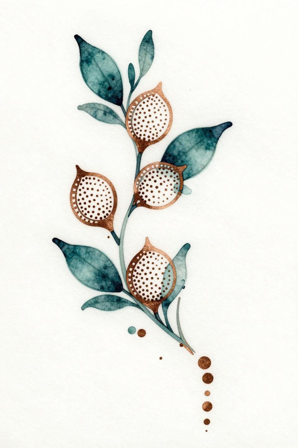 latest simple mehndi designs watercolor splash flash, three looped cells stipple dot fill asymmetric organic flow, deep teal watercolor bleed copper metallic accent edges