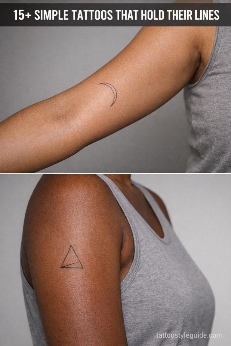 Simple tattoos 2-panel collage, fine line crescent and geometric triangle on forearm and arm, 0.5mm hairline strokes, olive and deep brown skin