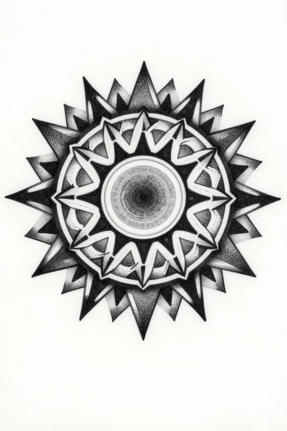 small cover up tattoo tribal geometric sun mandala flash, stipple dotwork dense core to open edge gradient, concentric angular rays, triangular shard segments, letterform fragments dissolving beneath geometric overlay