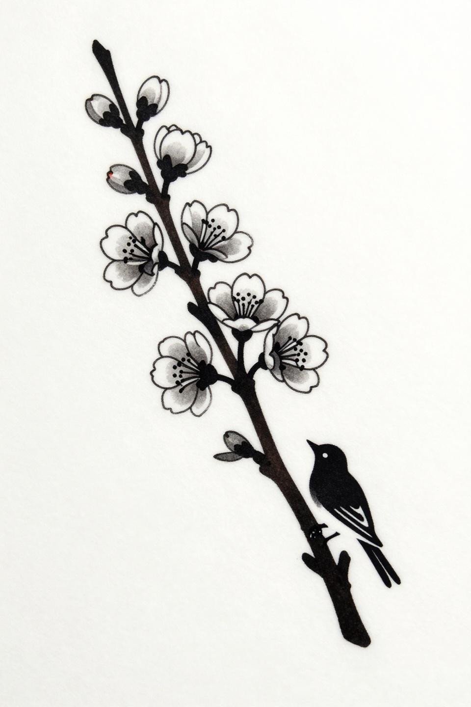 small pretty tattoos for women Japanese irezumi cherry blossom branch flash, bold 2-3pt outline, grey wash petal midtones, songbird silhouette perched on branch on white paper