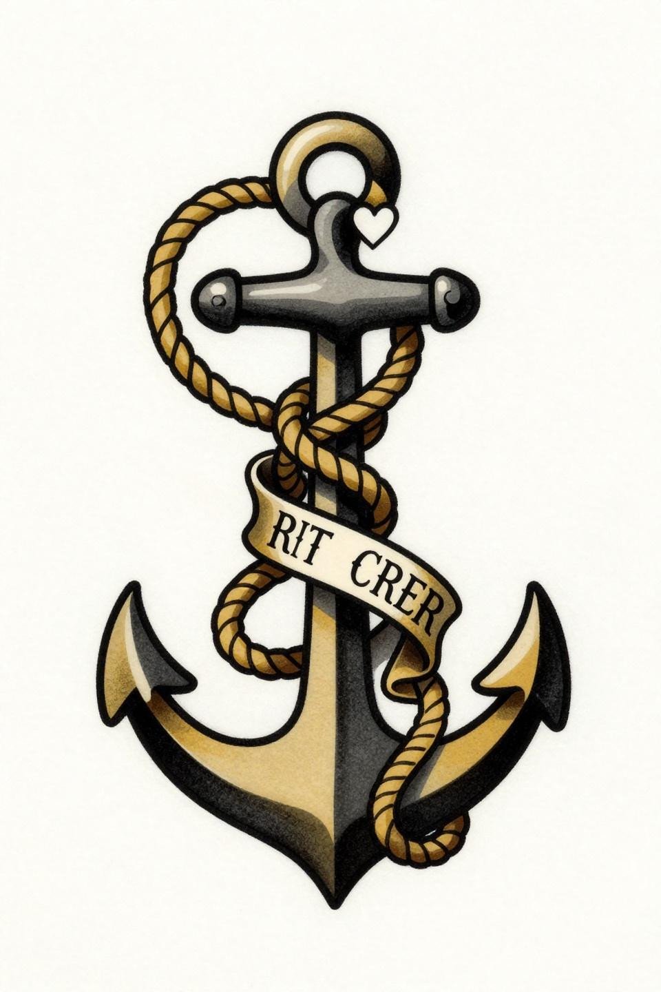 cute girly tattoos art nouveau anchor flash, bold 2-3pt black outline, antique gold flat fill, rope-wrapped shank heart at flukes banner ribbon on white paper