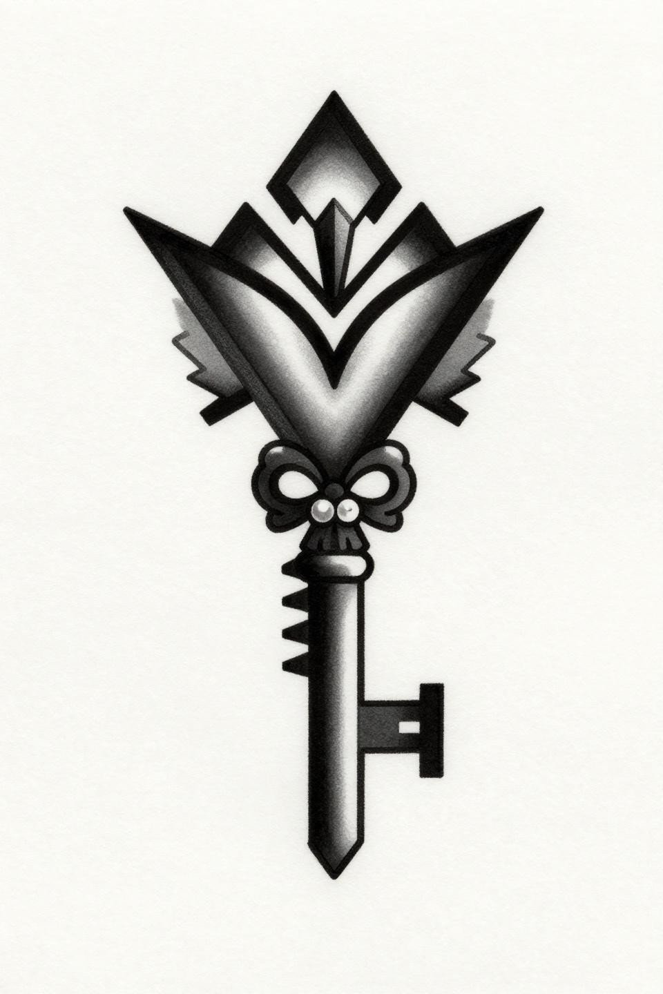 girly tattoos unique art deco key flash, compass-drafted bilateral symmetry, geometric wing flourishes, triangular precision-cut teeth bold 2pt black outline on white paper