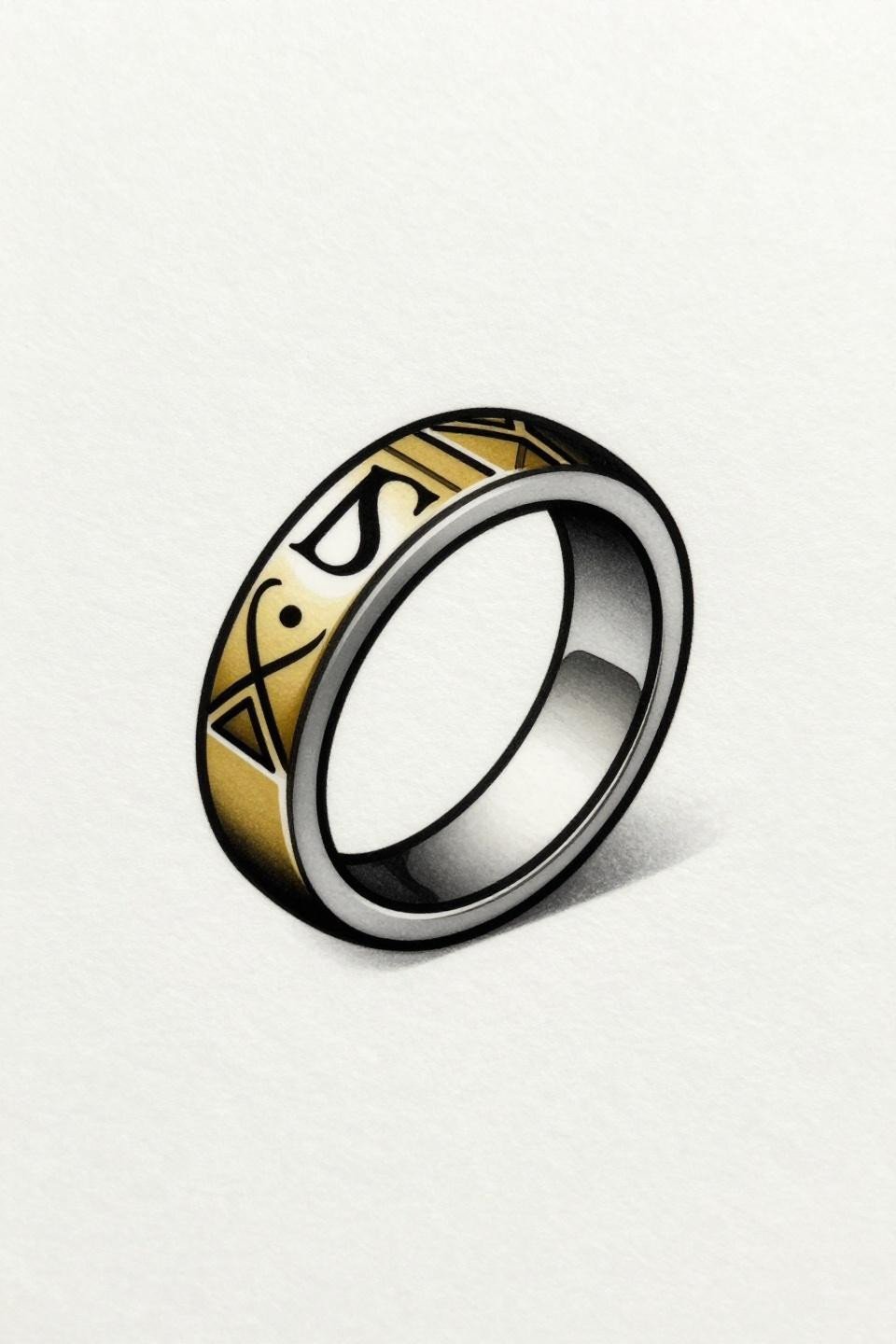 girly tattoos unique art deco signet ring flash, vector-precision linework, burnished gold flat fill, geometric stepped band detail on white paper