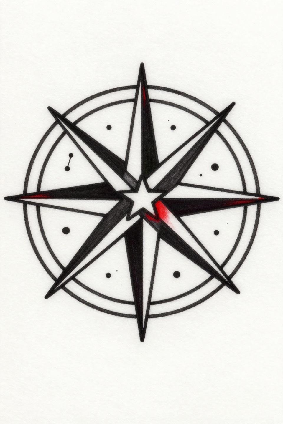 cute feminine tattoos old school sailor compass rose flash, bold 2-3pt black outline, crimson red flat fill, constellation dots cardinal lines on white paper