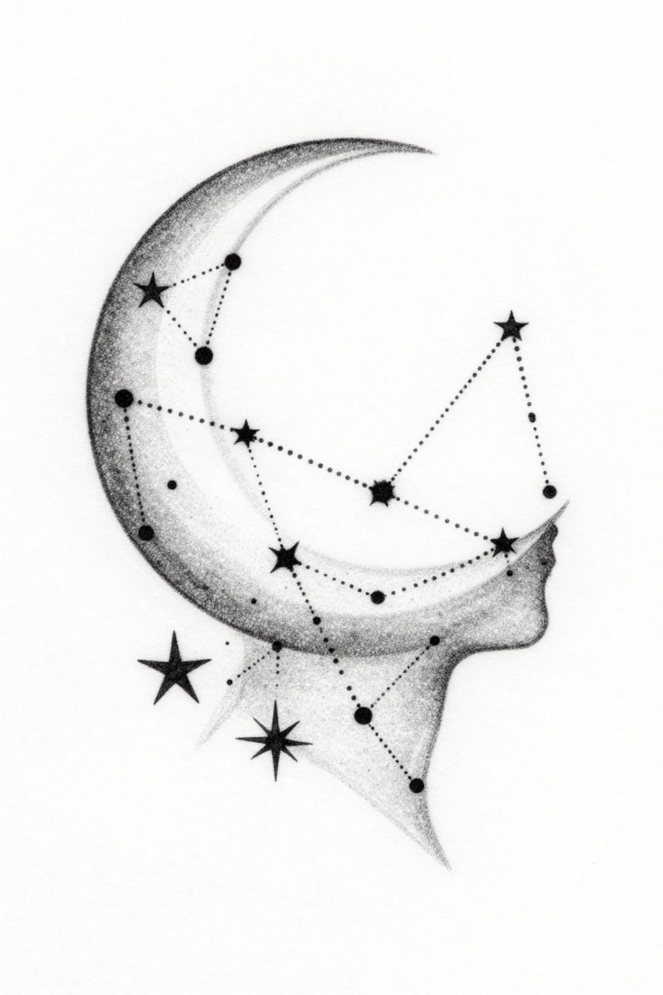 tiny tats with meaning fine line constellation profile flash, hairline dotted pathways star nodes, crescent moon at crown, open negative space grey wash dilution on white paper