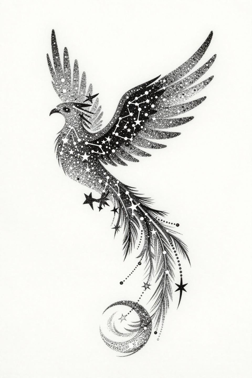 dainty girly tattoos blackwork dotwork constellation phoenix flash, heavy stipple density, fine dotted pathways star nodes, crescent moon in wing on white paper
