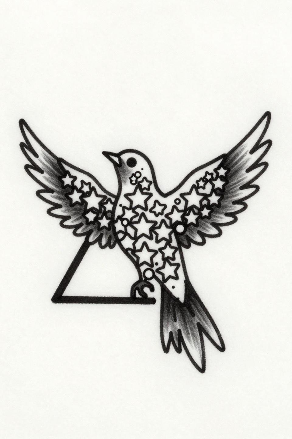 small girly tattoos ignorant style geometric bird flash, 3pt wobbly black outline, flat black ink fill, star node wing assembly on white paper