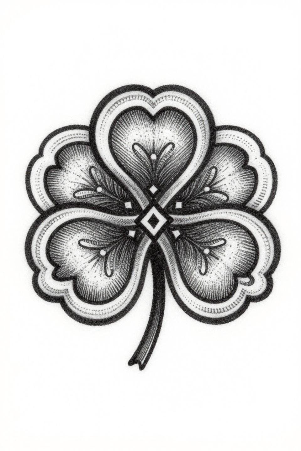 tiny girly tattoos etching woodcut geometric trefoil flash, crosshatch parallel line engraving, dense hatching dimensional ring forms, diamond accent intersection on white paper