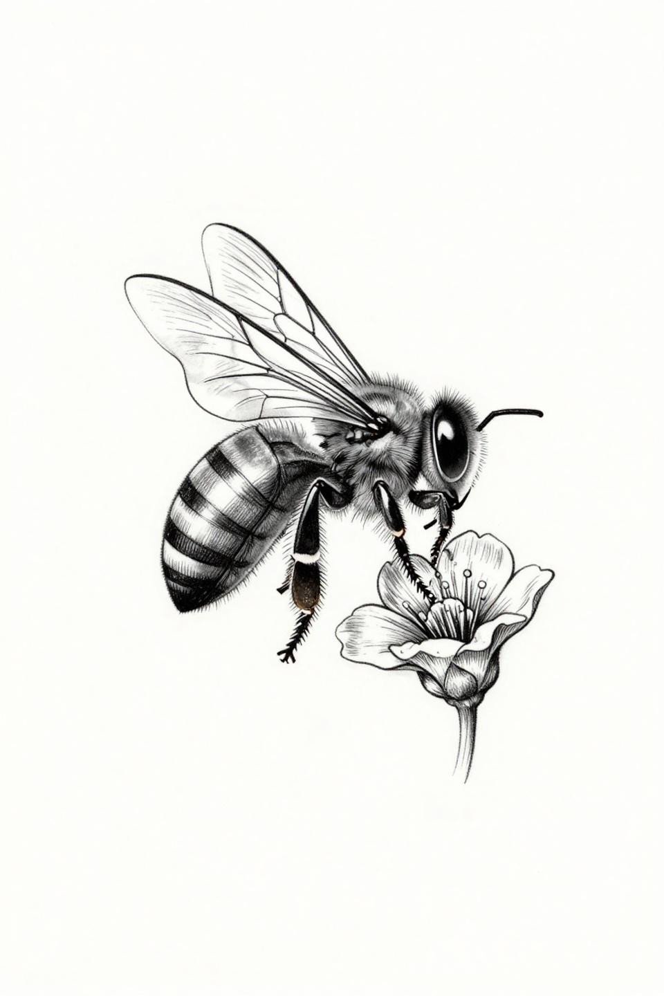 cute feminine tattoos botanical scientific honeybee fine line flash, hairline 0.5mm single-needle strokes, translucent wing outline, zero fill open linework on white paper