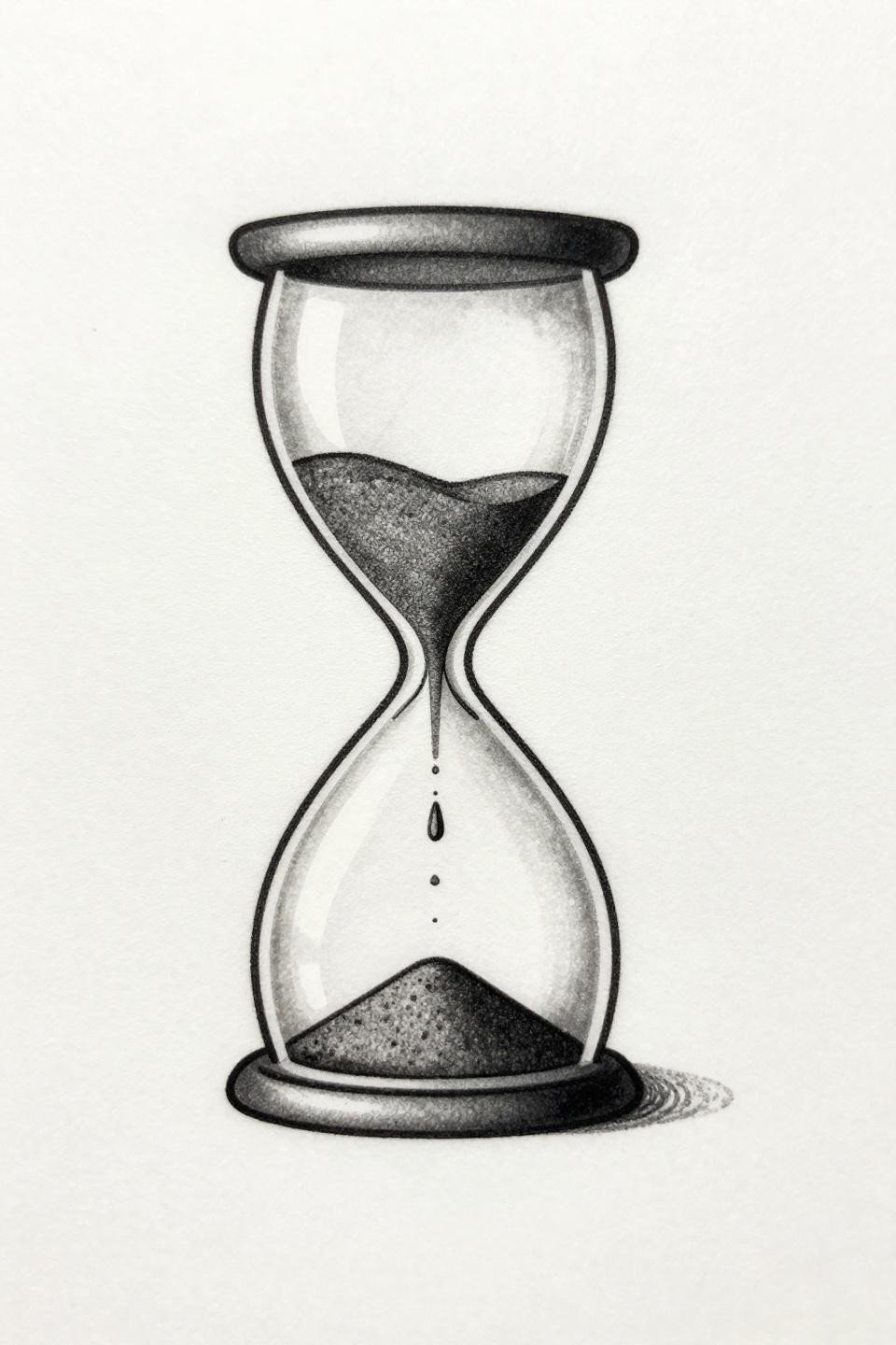 small female tattoos fine line hourglass flash, hairline 0.5mm single-needle strokes, zero fill open negative space, suspended sand grains on white paper