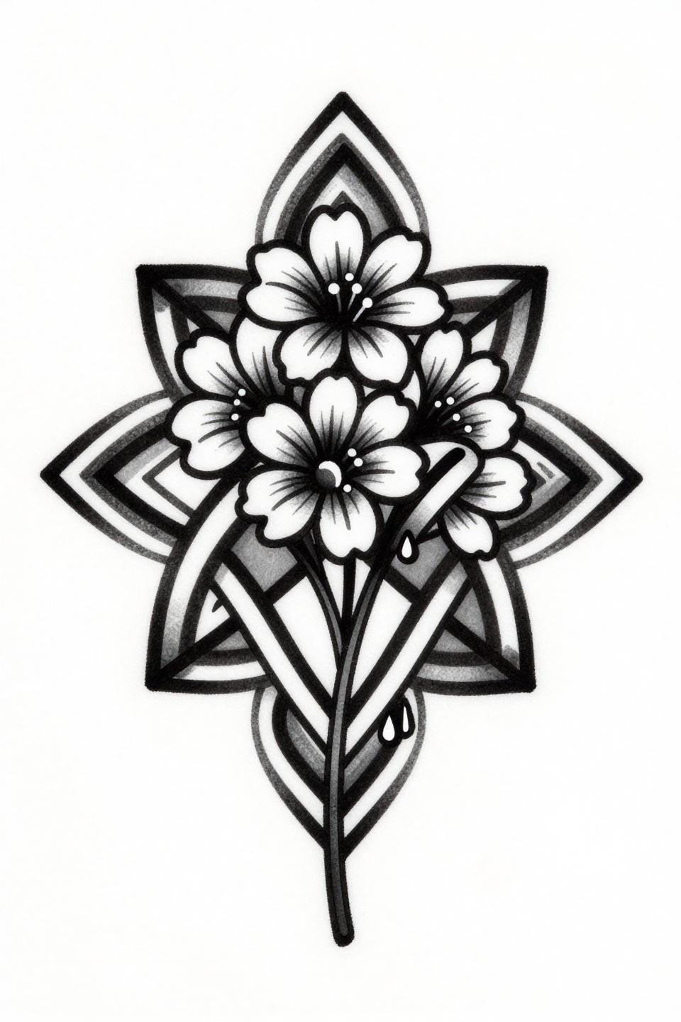 tiny tats with meaning tribal geometric infinity knot flash, bold 2-3pt outline, flat solid black fill, wildflower stem woven through loop on white paper