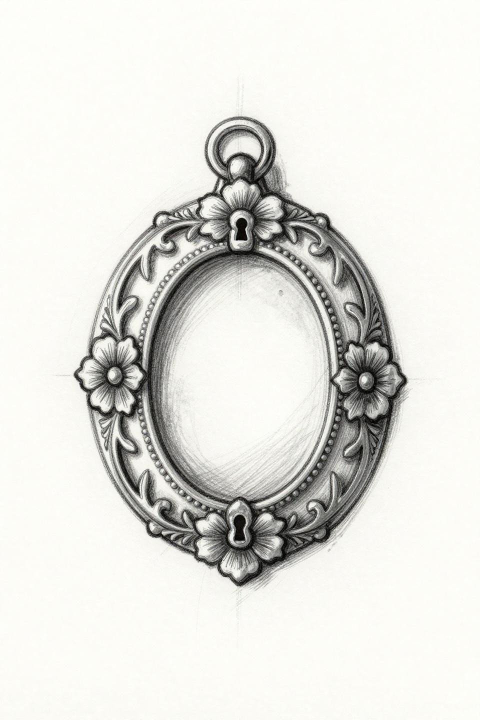 tiny girly tattoos locket pendant sketch raw style flash, loose hatching gestural pencil strokes, bold 2pt black outline, filigree detail on white paper