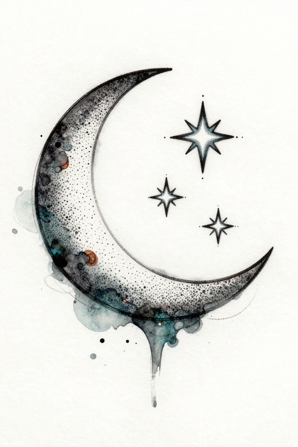 simple girly tattoos watercolor splash crescent moon stars flash, stipple dotwork texture, teal copper watercolor wash, gestural ink bleeds radiating outward on white paper
