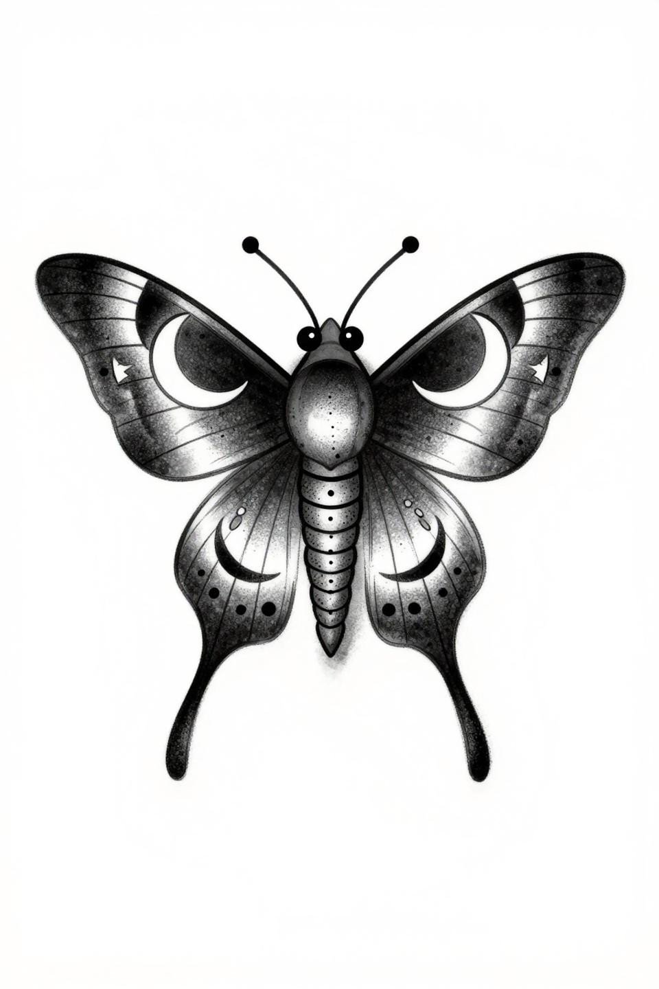 small cute tattoos for women neo-traditional moth flash, whip shading bold outlines, crescent moon cutout wings, dotwork thorax detail star crown on white paper