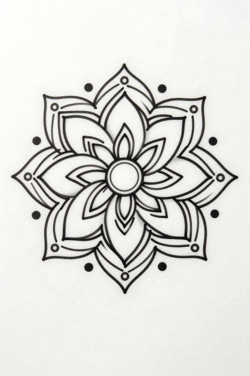 dainty girly tattoos single continuous line mandala flash, bold 2pt unbroken linework, interlocking crescents radial petals, intersection dot accents no fill on white paper