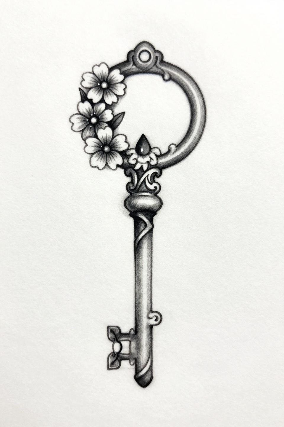 small cute tattoos for women skeleton key chicano grey wash flash, whisper-thin linework, grey wash dilution dense to open, filigree wildflower bow on white paper