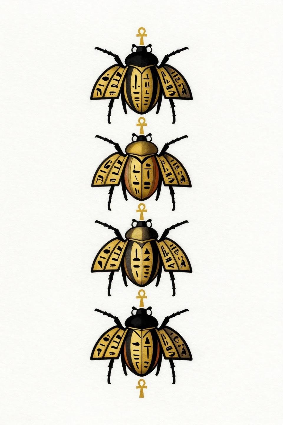 art deco scarab spine tattoo flash, bilateral symmetry stacked column, bold 2-3pt outlines flat gold and black fills, Egyptian hieroglyphic compartments