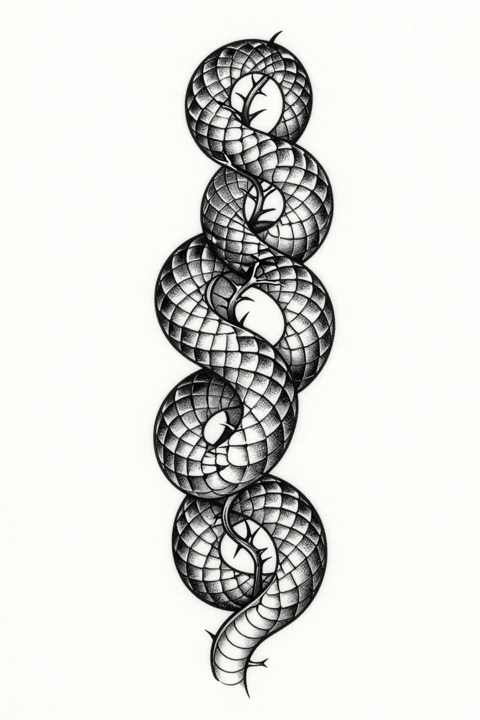 blackwork dotwork spine tattoo flash, interlocking serpent scales staggered column, stipple dot gradient dense center to open edges, grey wash midtones on white paper
