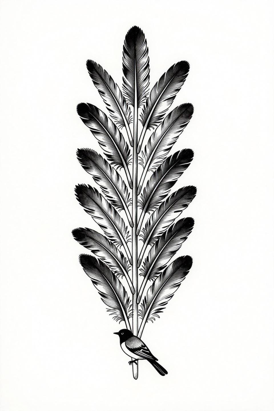 botanical scientific style spine tattoo flash, feather quills stacked vertical axis, bold 1-2pt outlines flat black fills increasing barb density top to bottom, bird silhouette at base