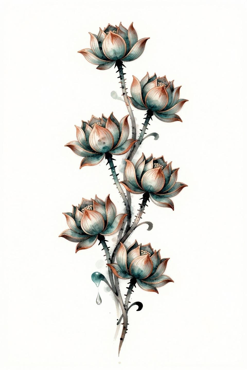 feminine watercolor lotus spine tattoo flash, five progressive bloom stages asymmetric cascade, teal wash with copper metallic accent linework, wet ink bleeding style