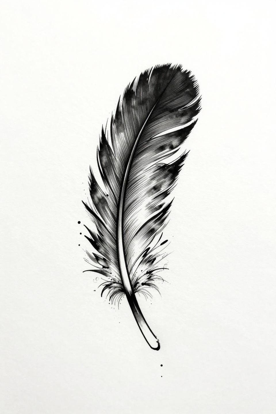fine line feather spine tattoo flash, single continuous brush stroke calligraphic style, asymmetric cascade with ink droplet details, dense black on white