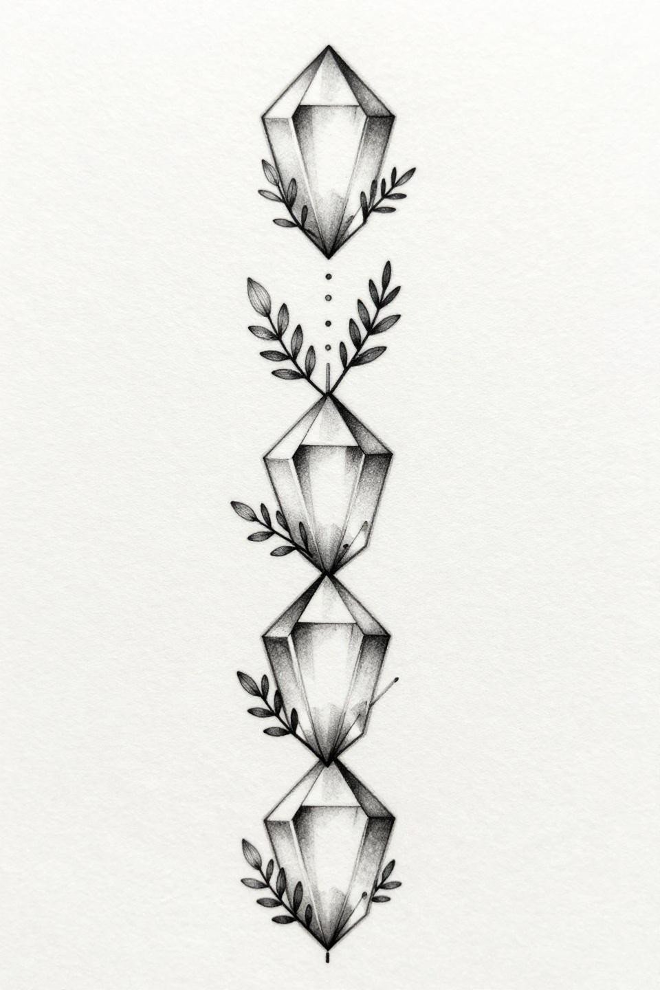 fine line minimal spine tattoo flash, angular geometric crystals stacked vertical axis, hairline 0.5mm single-needle strokes, botanical leaf silhouette at each crystal core, zero wash