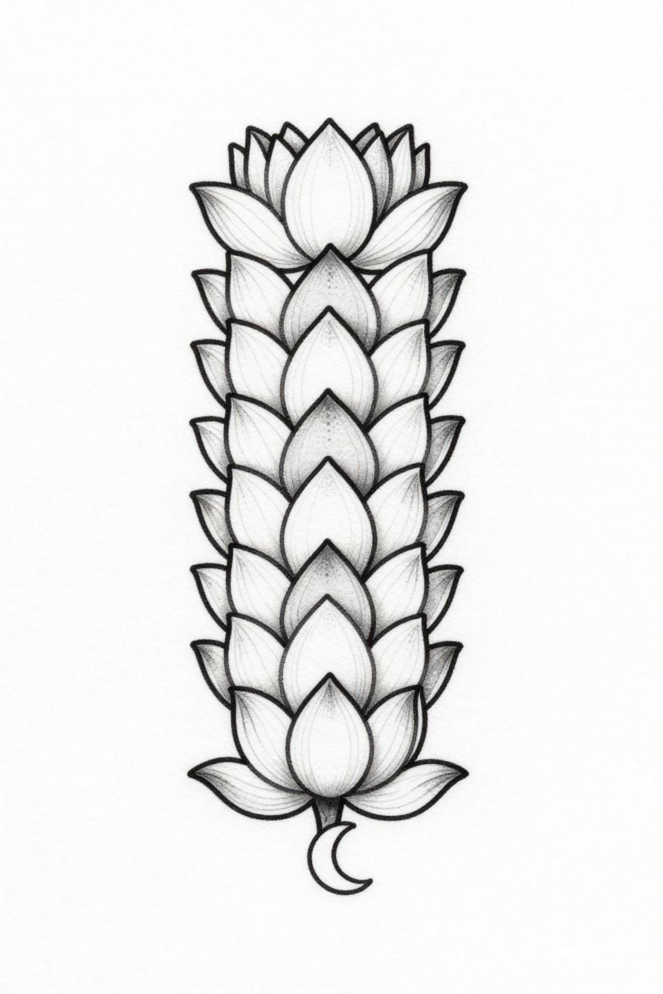 fine line minimal spine tattoo flash, elongated lotus petal column each petal forming vertebra shape, hairline 0.5mm single-needle strokes minimal stipple dotwork, crescent moon base