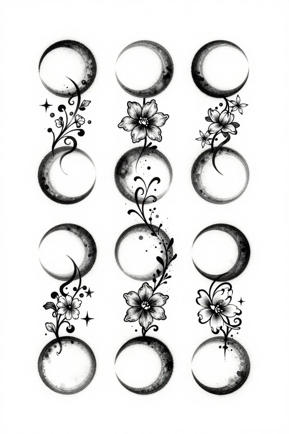 art nouveau spine tattoo flash, interlocked full moons and crescents with floral vine weaving, calligraphic brush ink quality grey wash midtones, asymmetric flowing composition