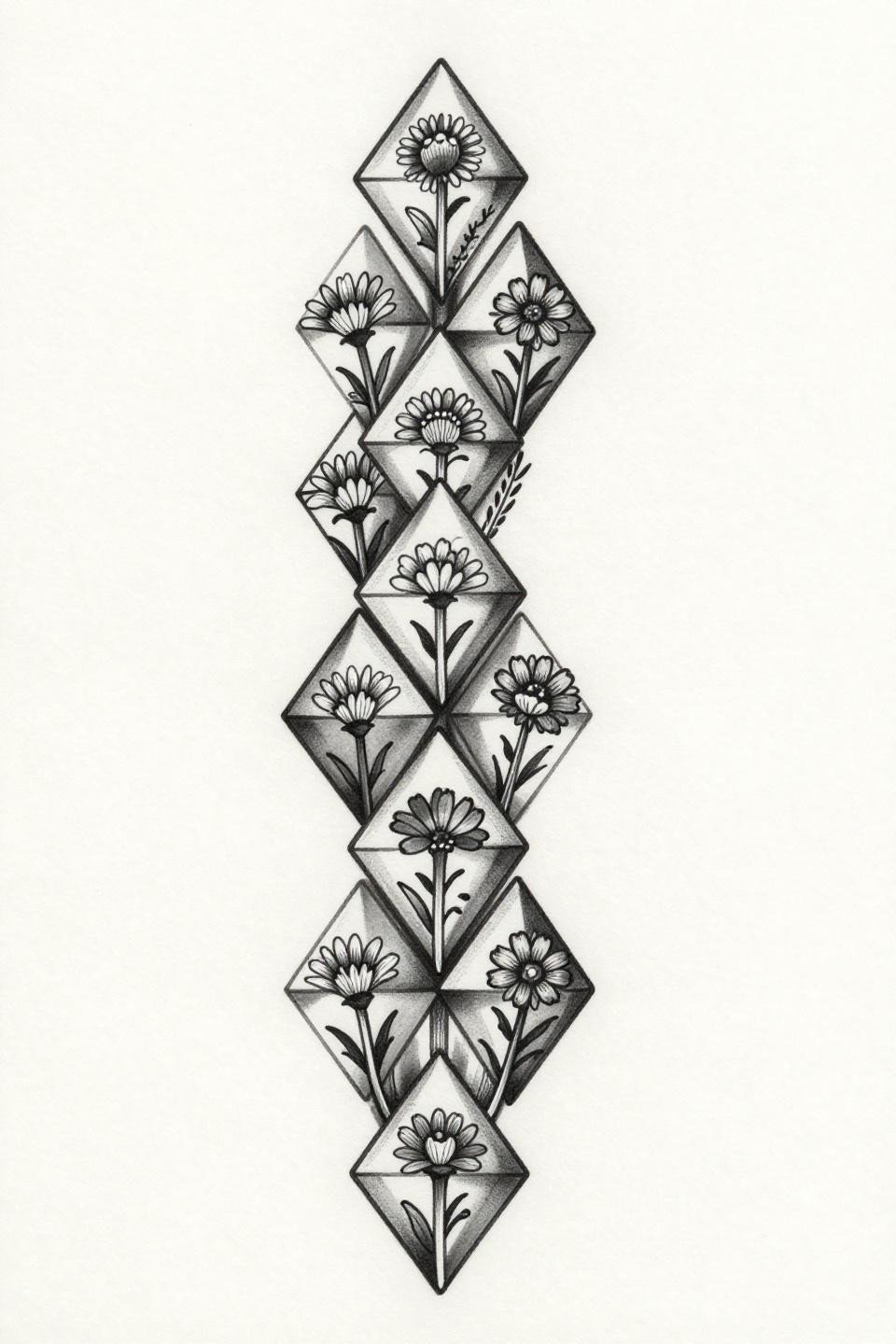 neo-traditional spine tattoo flash, geometric diamonds stacked vertically with wildflower fills, bold 2-3pt black outlines grey wash midtones, even negative space vertical composition