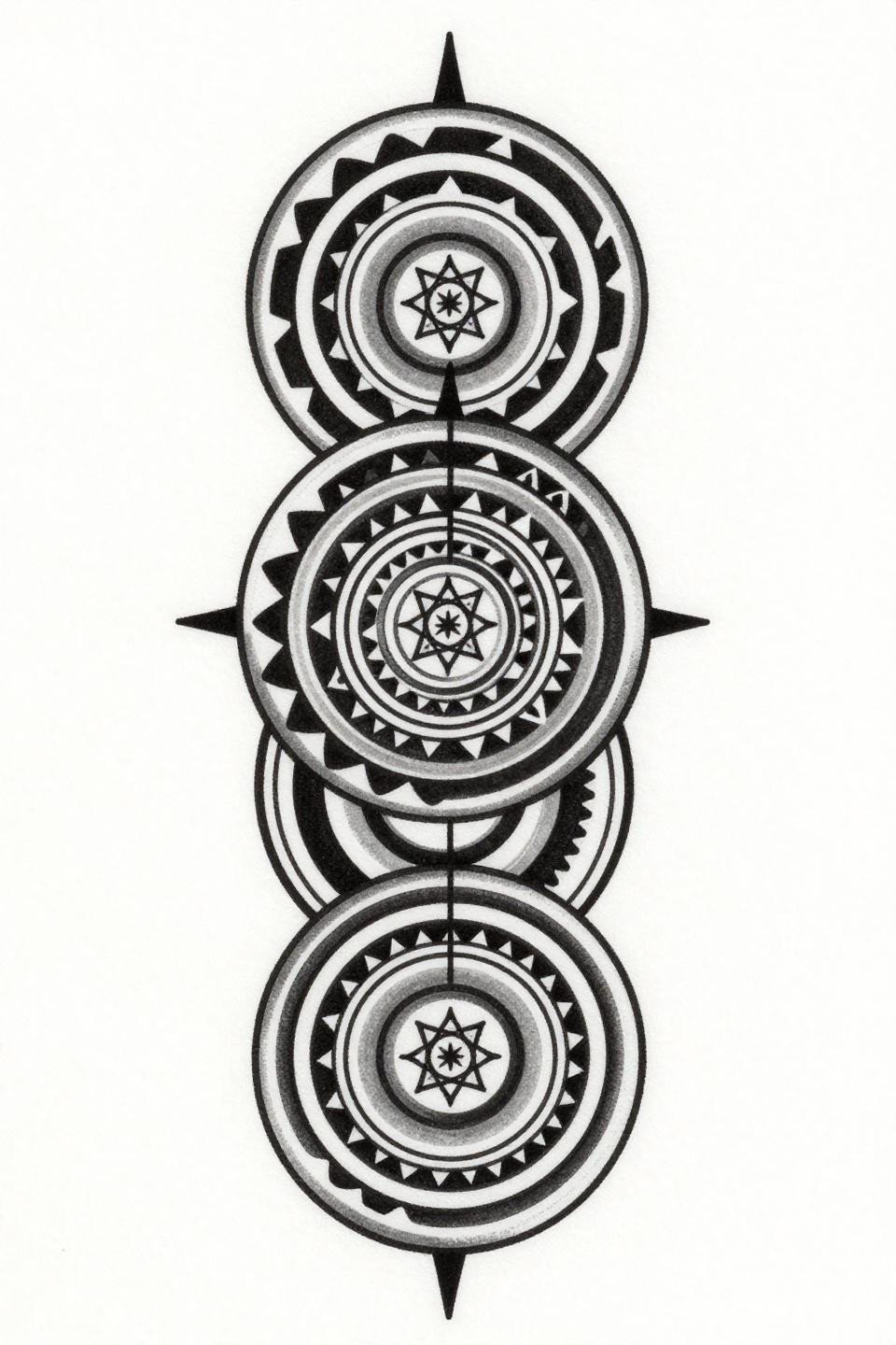 tribal geometric mandala spine tattoo flash, five stacked mandala circles bold outlines solid black fills, bilateral symmetry grey wash midtone rings, sacred geometry star apex