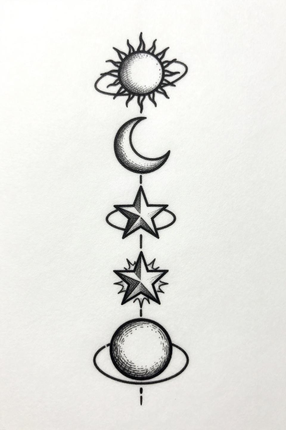 fine line celestial spine tattoo flash, etching woodcut crosshatch style, stacked sun moon star symbols in orbital rings, hairline vertical axis dense black on white