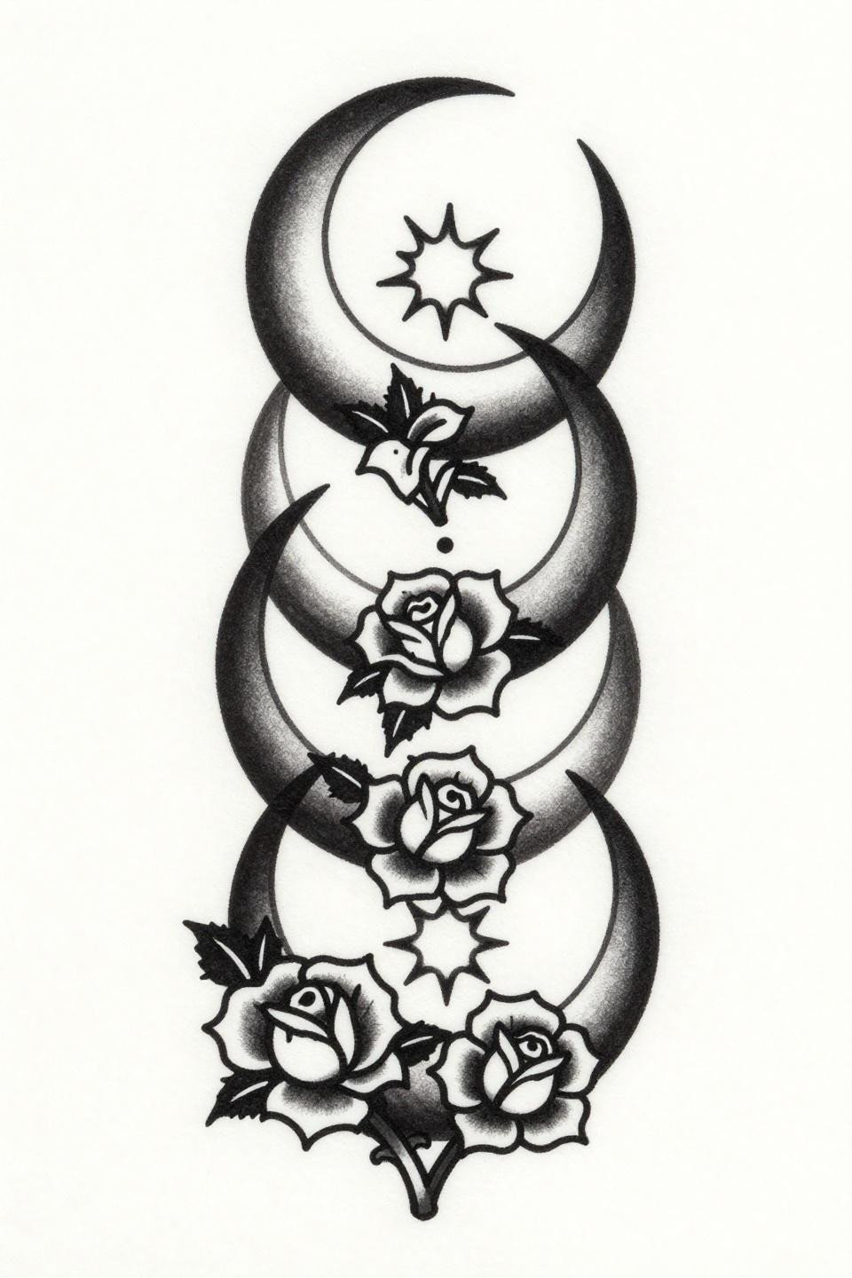 Japanese irezumi spine tattoo flash, interlocked crescent moons with thorned rose stems, bold 2-3pt outlines flat black fills, single continuous flowing line crown to base
