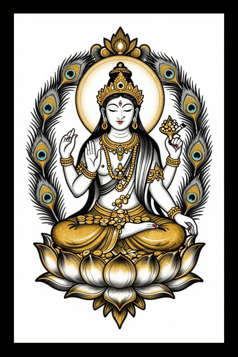 Lakshmi goddess spiritual tattoo flash, art nouveau style, bold 2-3pt black outlines, flat gold and black fills, peacock feather frame, lotus pose, ornate crown finial