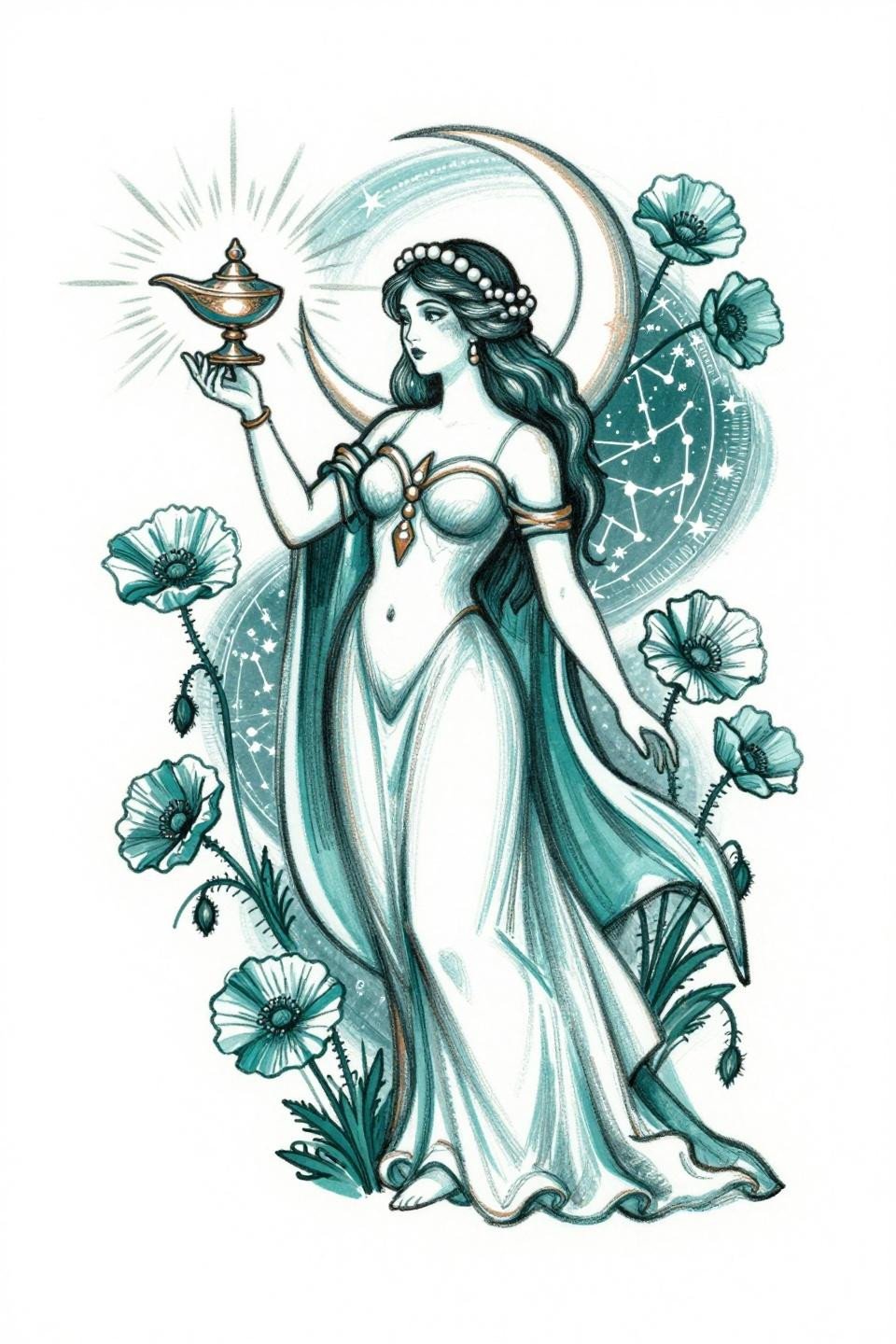 Selene moon goddess spiritual tattoo flash, sketch raw style, loose gestural linework, deep teal and copper fills, poppy and constellation backdrop