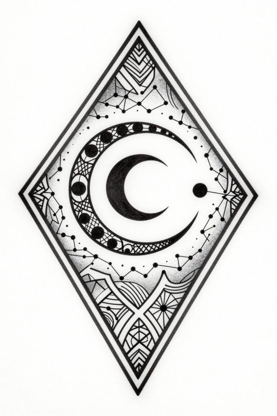 Hamsa spiritual tattoo flash, tribal geometric style, palmistry line grid, bold 2-3pt black outlines, constellation dot fill, crescent moon arc, diamond frame border