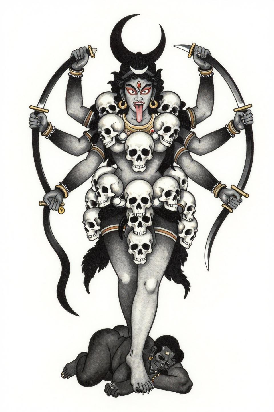 Kali goddess spiritual tattoo flash, Japanese Irezumi style, bold 2-3pt black outlines, grey wash midtones, six arms radiating, skull garland, crescent moon forehead